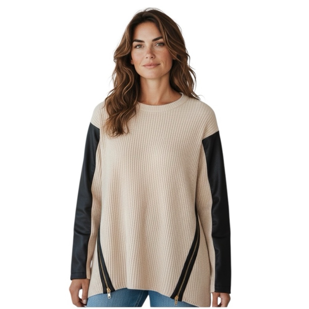 MILLY wool blend sweater with leather sleeves